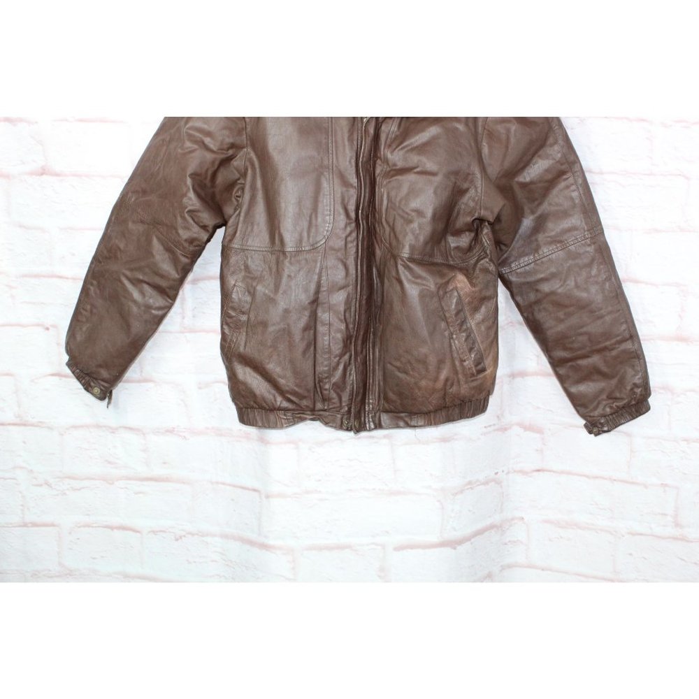 Eddie Bauer Brown Leather Nylon Lined Down Jacket Size L Tall - Picture 3 of 10
